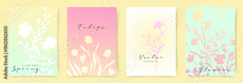 Spring floral background vector set. Minimalist card cover template with delicate flowers. Art design for social media, banner, card, ads