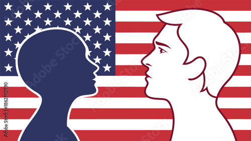 Two silhouettes facing each other against an american flag background representing unity and division
