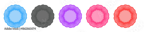 A vibrant set of colorful scalloped flower circle badge frames featuring blue, gray, purple, pink, and red tones, isolated on a clean white background. These decorative round label borders 