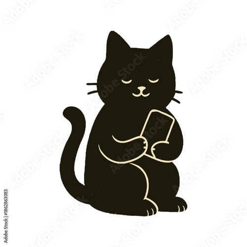 Minimal Cat Using Smartphone Flat Vector Illustration