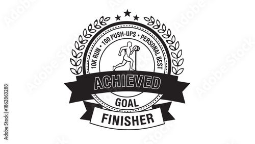 Athletic finisher badge commemorating achievement, goal completion, and celebration of success.