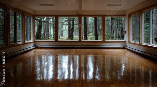 Minimalist room with large windows showcasing a dense forest view, soft daylight illuminating polished birch floor, tranquil and airy interior with natural textures and ample space