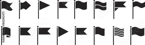 Collection of black flag icons in various shapes including pennant, wavy, and triangular designs for maps, navigation, and location marking,