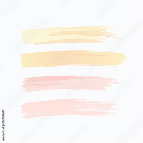 A collection of four delicate pastel watercolor brush strokes in soft shades of yellow, peach, and pink, ideal for artistic backgrounds, creative design, and elegant decorative accents