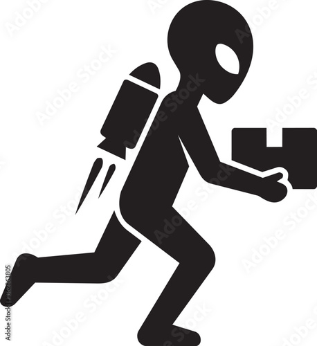 Fast alien courier flying with jetpack carrying cargo package box silhouette vector graphics