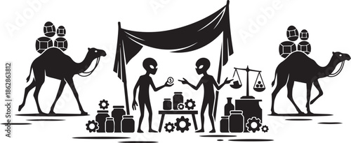 Intergalactic trade silhouette gray scale illustration showing alien transaction with camels carrying goods