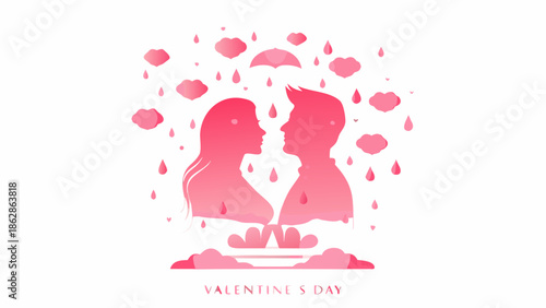 Romantic pink Valentine's Day illustration of couple silhouette