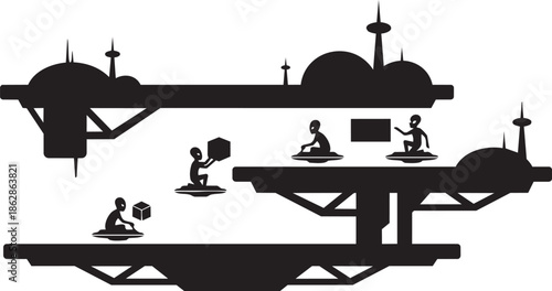 Futuristic alien city architecture with space beings moving cargo on flying platforms silhouette