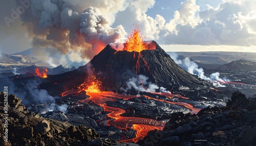 An erupting volcano spews bright orange lava and thick smoke across a dark rocky landscape—evoking primal force, geological transformation, and the fierce choreography of Earth’s molten memory.