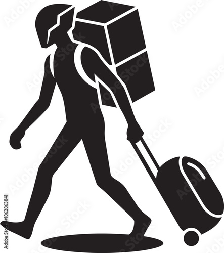 Masked humanoid traveler pulling heavy luggage and carrying cargo containers on long journey