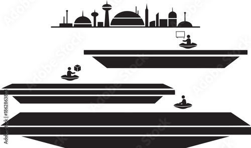 People silhouettes on floating platforms in front of abstract city skyline vector illustration