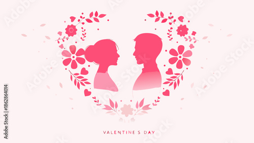 Romantic couple silhouettes in pink heart shaped floral design