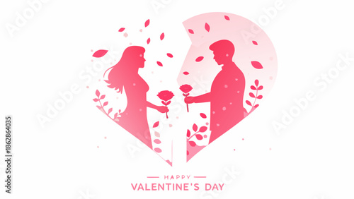 Romantic couple exchanging flowers in heart shaped Valentine's Day design