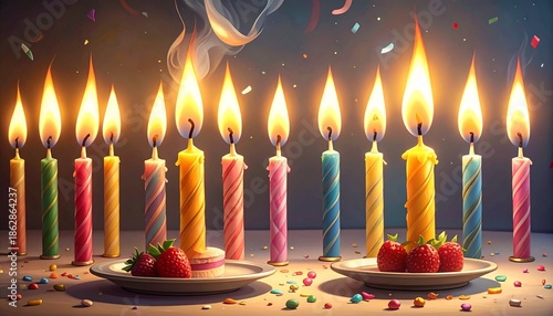 Sixteen colorful birthday candles lit atop strawberry plates, with confetti and smoke—evoking festive joy, ritual warmth, and the playful choreography of celebration, memory, and fleeting flame.