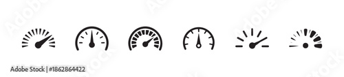Set of minimalist speedometer icons for dashboard measurement tracking and performance visualization