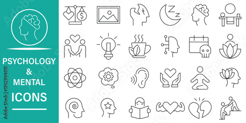 Psychology and Mental health line editable icon set. Brain, therapy, anxiety, emotions, stress, wellbeing and more. Thin line icons set related to mental health and psychology. Vector illustration.