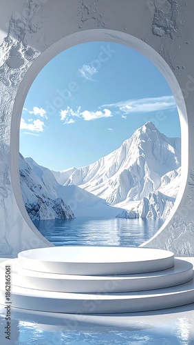 Winter Wonderland Display - A Minimalist Stage with Snowy Mountain Backdrop.