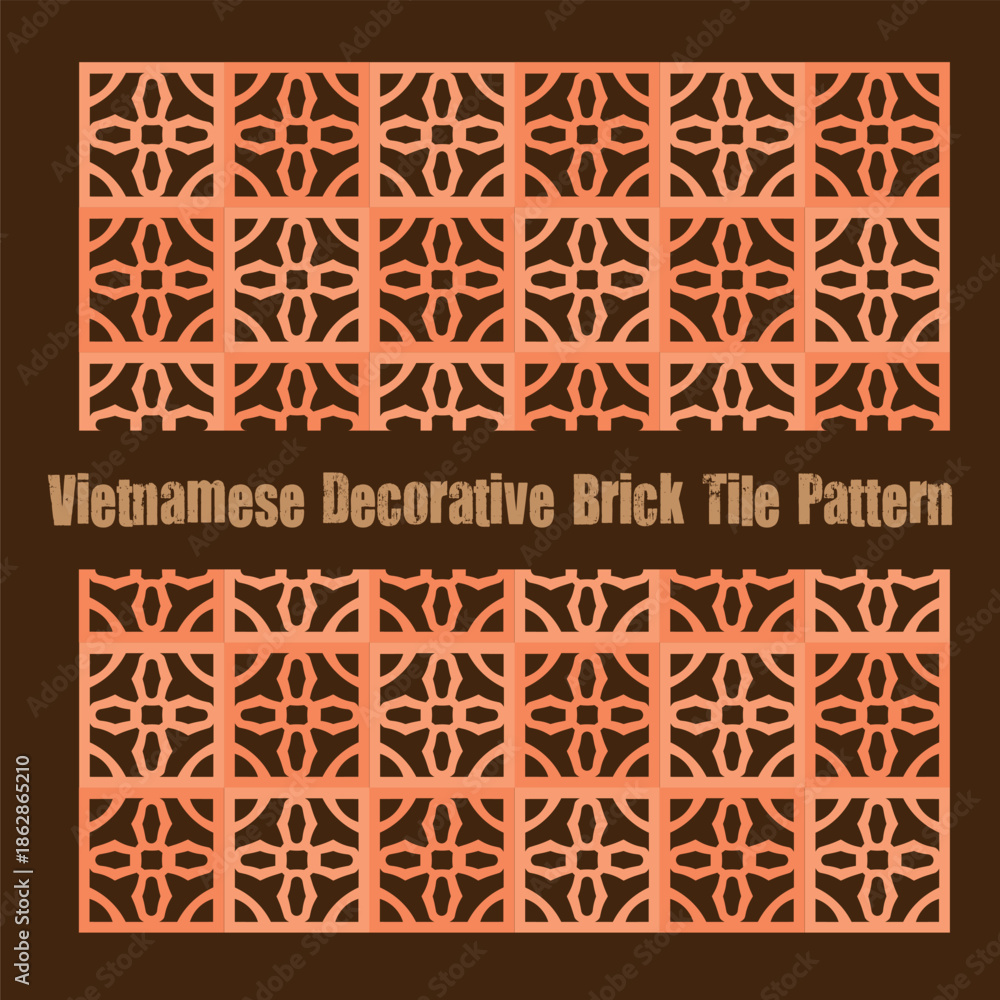 Obraz premium Geometric Vietnamese brick tile pattern inspired by traditional ventilation bricks, designed in warm earthy colors. Ideal for architectural backgrounds, wall decoration, surface design, packaging, tex
