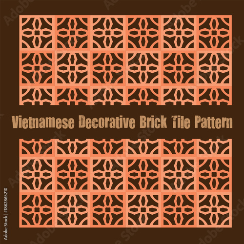 Geometric Vietnamese brick tile pattern inspired by traditional ventilation bricks, designed in warm earthy colors. Ideal for architectural backgrounds, wall decoration, surface design, packaging, tex
