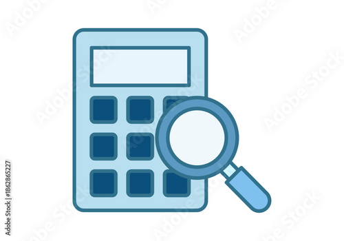 Calculadora digital azul con lupa para conceptos de auditoría financiera y análisis de presupuestos