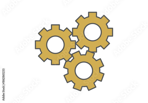 Conjunto de tres engranajes dorados entrelazados que representan el trabajo en equipo y los procesos industriales
