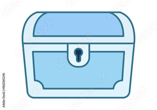 Cofre del tesoro azul cerrado con cerradura en fondo blanco