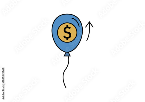 Globo azul elevándose con un símbolo de dólar dorado para representar la inflación y el crecimiento económico