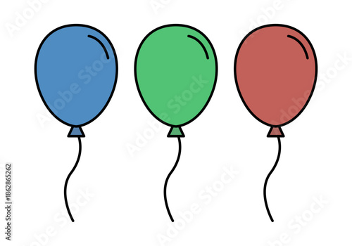 Tres globos de fiesta en colores azul, verde y rojo con cuerdas onduladas sobre fondo blanco