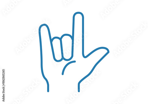 Mano humana haciendo el gesto de te quiero en lenguaje de señas representado con trazo azul