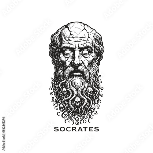 Ancient Greek philosopher Socrates portrait illustration with mystical symbols and skulls in vintage woodcut engraving style.