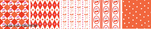 Valentine seamless pattern set featuring cherries, hearts, bows, gingham checks, and harlequin diamonds in red, pink and white. Perfect for romantic stationery, fabric, gift wrap, scrapbook
