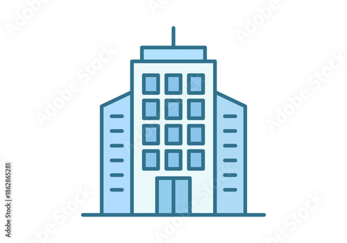 Edificio de oficinas moderno con arquitectura corporativa y ventanas simétricas sobre un fondo blanco