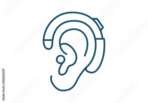 Dispositivo de audífono retroauricular sobre una oreja humana en lineal azul