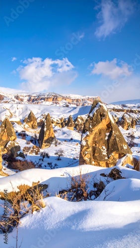 Winter Wonderland in Cappadocia - Snow-Covered Fairy Chimneys Under a Blue Sky.
