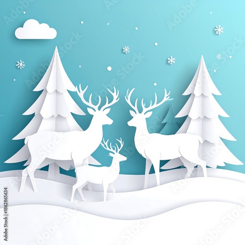 Winter Wonderland - Paper Cut Deer Family in Snowy Landscape.