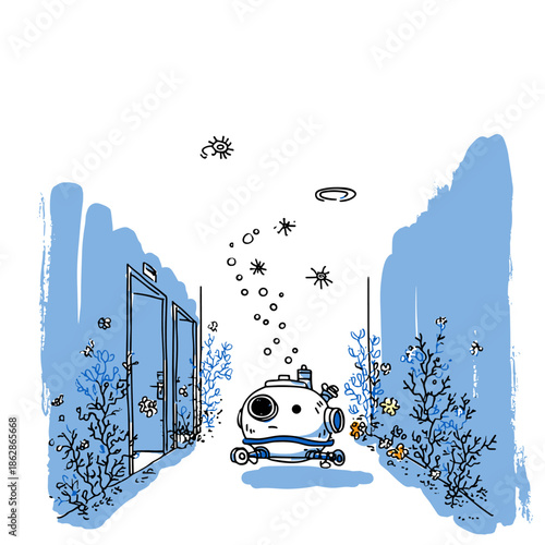 Curious Astronaut Discovering Underwater Door