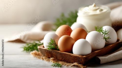 A rustic arrangement of fresh organic eggs in a wooden bowl, symbolizing natural goodness and culinary tradition, beautifully styled for a wholesome kitchen setting.