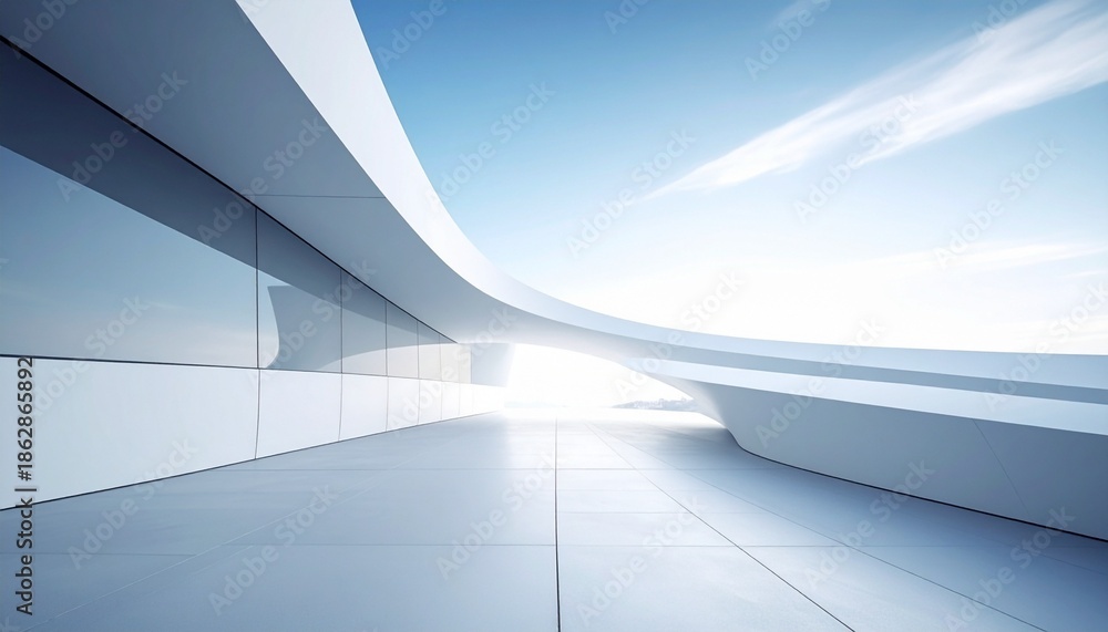 Obraz premium A futuristic white architectural interior with curved and angular surfaces, dramatic light and shadow, and a glossy floor—evoking surreal space, conceptual elegance, and the poetics of form.