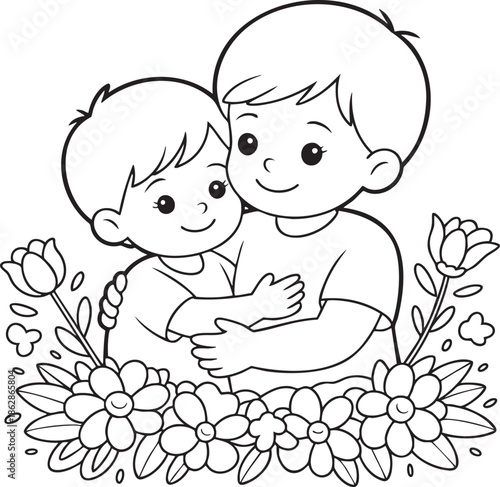 A tender moment a boy hugs his father surrounded by blossoming flowers