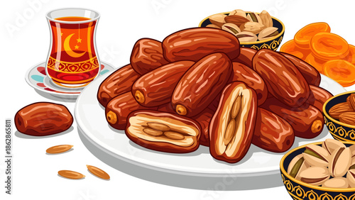 Fresh Dates Fruit with Tea and Nuts Vector Illustration for Ramadan and Eid Mubarak