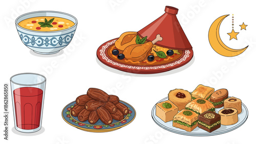 Ramadan Iftar Food Collection Illustration: Dates, Baklava, Harira Soup, and Chicken Tagine with Crescent Moon and Stars Symbol