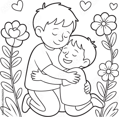 Happy Children Hugging Each Other Surrounded By Flowers And Hearts