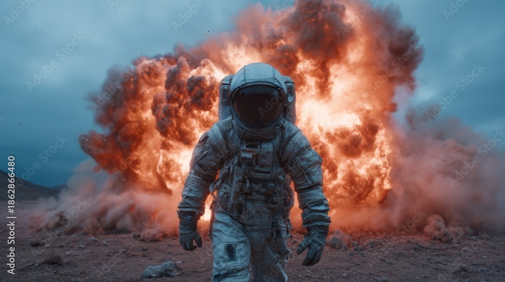 Obraz premium An astronaut steps confidently through a dramatic explosion, creating a powerful image of adventure and defiance in an otherworldly setting filled with dynamic energy and intensity.