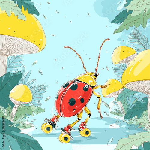 Playful Robot Skating in a Whimsical Mushroom Garden