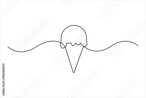 Ice cream continuous one line art drawing of design. waffle cone ice cream symbol line style vector art illustration