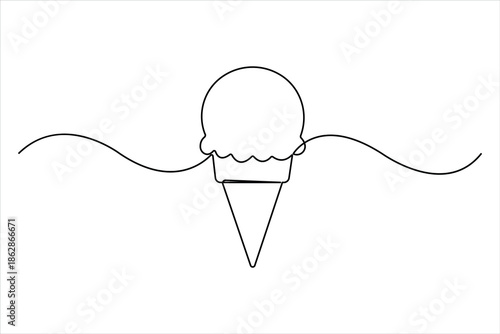 Ice cream continuous one line art drawing of design. waffle cone ice cream symbol line style vector art illustration