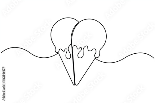 Ice cream continuous one line art drawing of design. waffle cone ice cream symbol line style vector art illustration