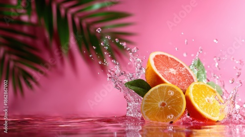A lively splash of citrus fruits, oranges and lemons, in clear water against a striking pink background, representing freshness, vibrancy, and a zest for life.