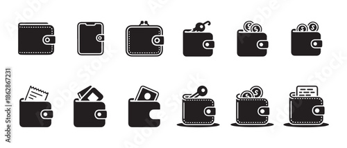 Comprehensive wallet icons with money, keys, coins, and phone for financial services