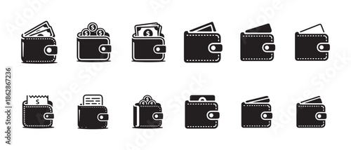 Assortment of wallet icons showing cash, coins, and receipts for financial management